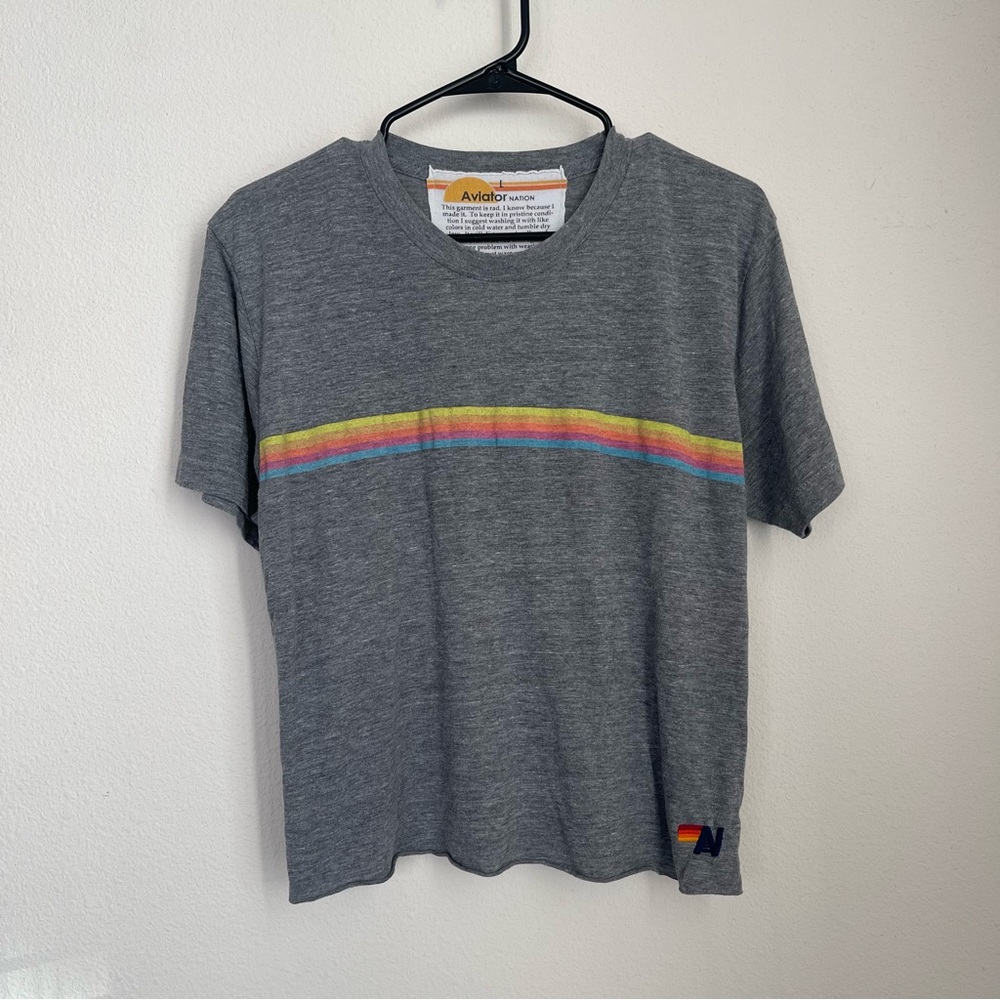 Aviator Nation Heather Gray Tee with Multicolor Stripe